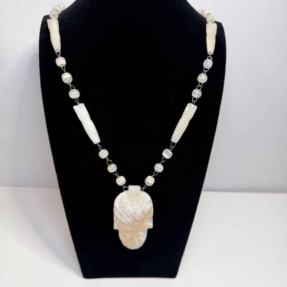 Hand Carved Stone Skull Onyx Necklace Boho Tribal Aztec Mayan Artisan Jewelry